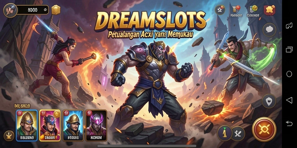 Tampilan gameplay <strong>DREAMSLOTS</strong> dengan aksi mengesankan dan karakter yang beragam.